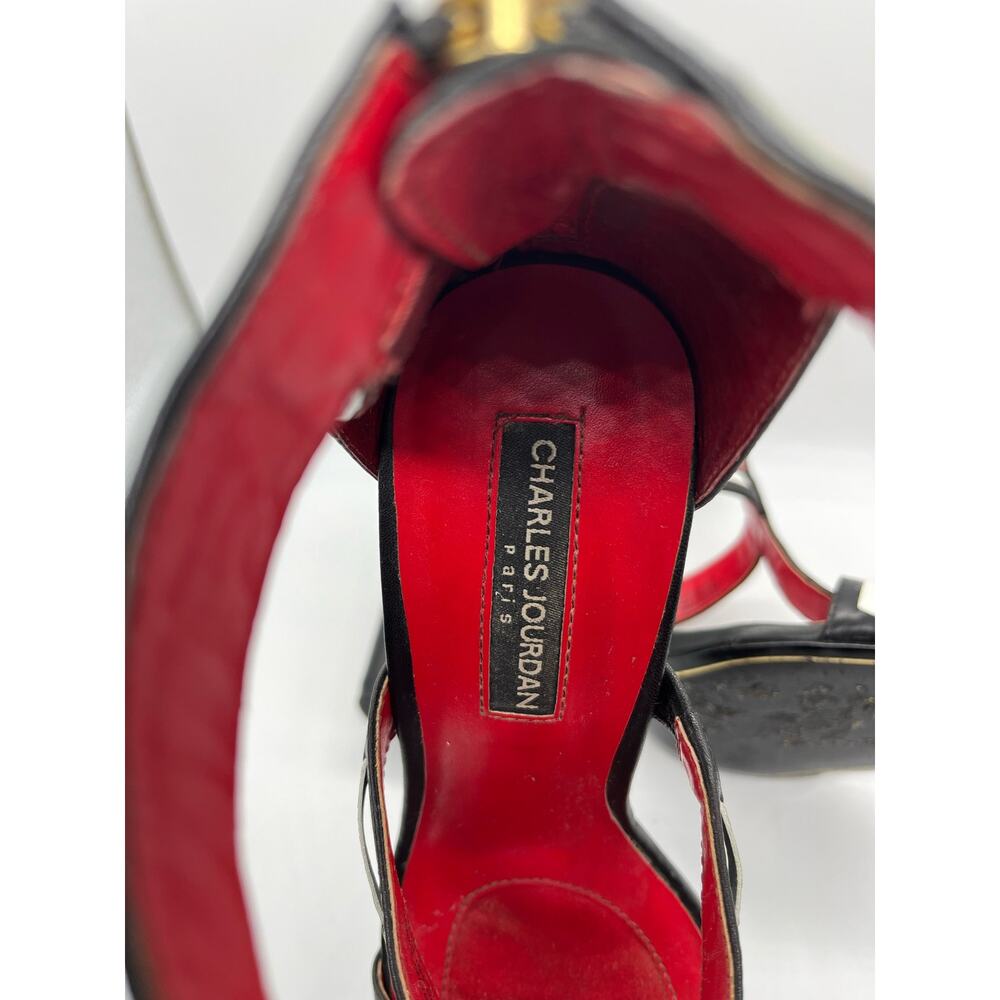 Charles Jourdan Paris Black White & Red Leather Strappy Sandal Heels Women's 7 - Picture 11 of 14